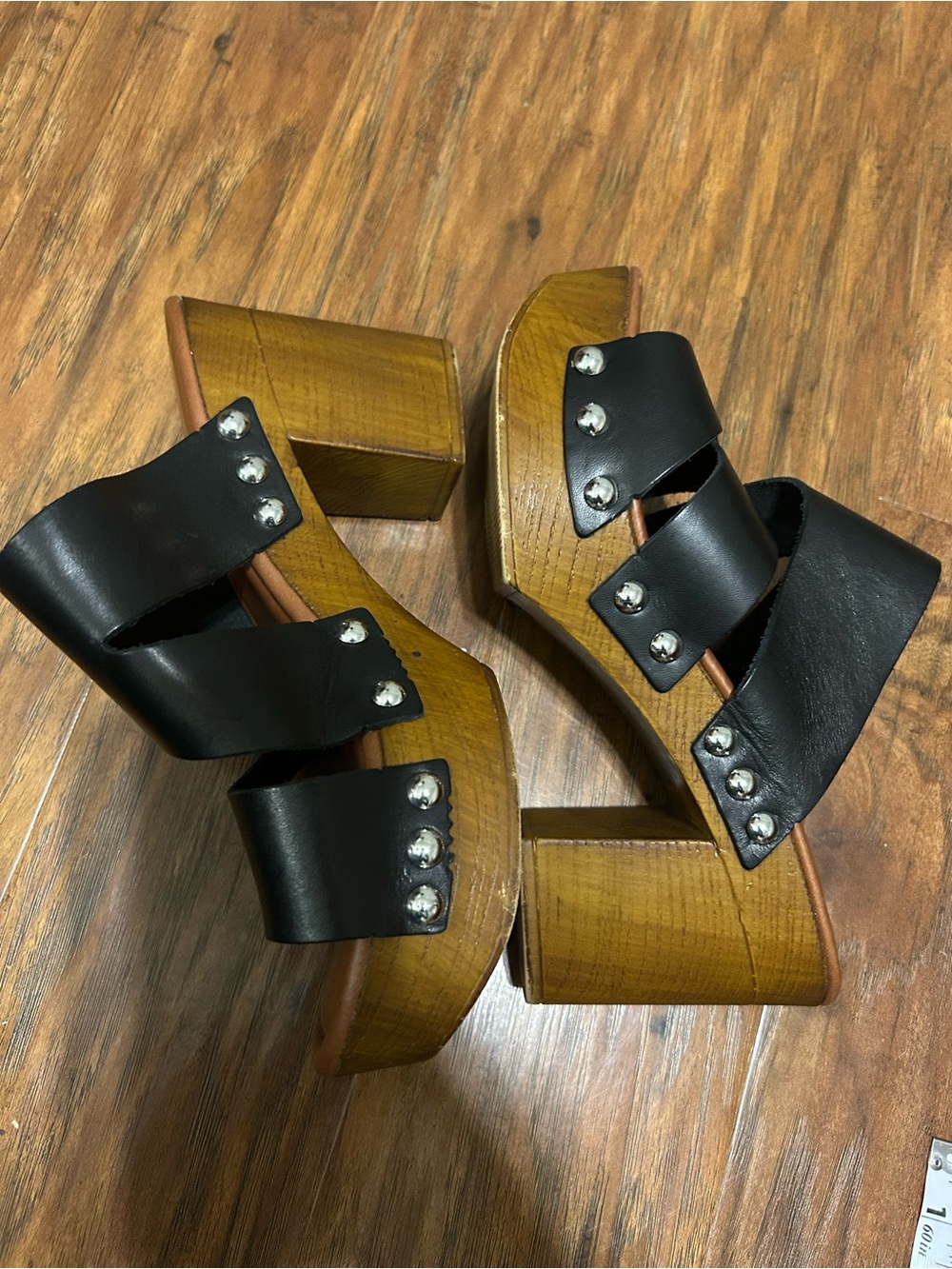 Black Leather Silver Studded Wood Platform Mules Slide-On Hippie Y2K Boho 90s - Picture 5 of 16